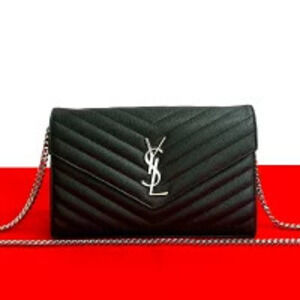 SAINT LAURENT PARIS YSL Logo Leather Chain Shoulder Bag Black